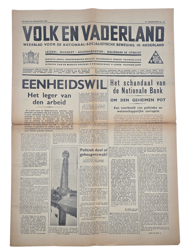 Original WW2 Dutch Collaboration NSB Newspaper - Volk en Vaderland, 6th year no. 34, Diksmuide (1938)