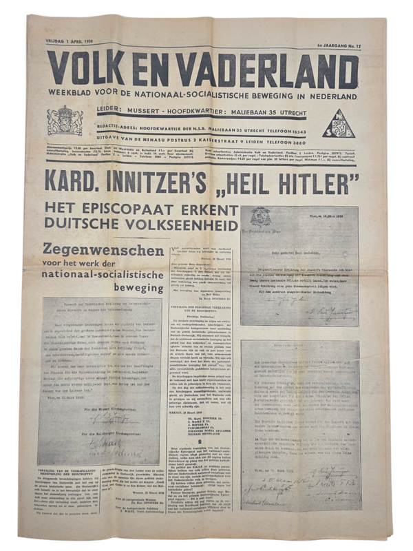 Original WW2 Dutch Collaboration NSB Newspaper - Volk en Vaderland, 6th year no. 13 (1938)