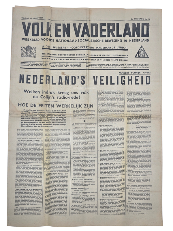 Original WW2 Dutch Collaboration NSB Newspaper - Volk en Vaderland, 6th year no. 12 (1938)