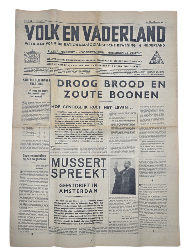 Original WW2 Dutch Collaboration NSB Newspaper - Volk en Vaderland, 6th year no. 10 (1938)