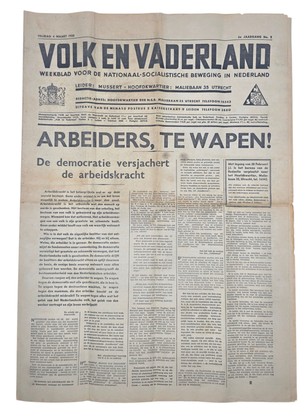 Original WW2 Dutch Collaboration NSB Newspaper - Volk en Vaderland, 6th year no. 9 (1938)