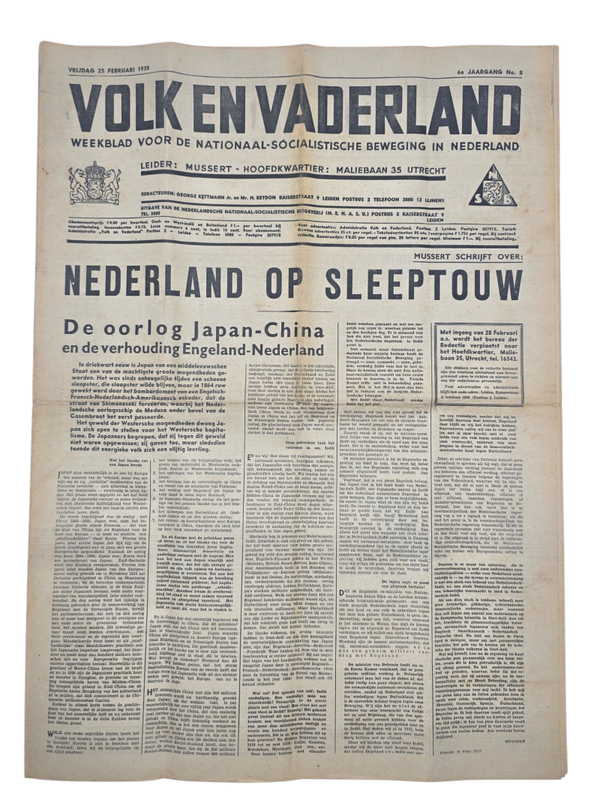 Original WW2 Dutch Collaboration NSB Newspaper - Volk en Vaderland, 6th year no. 8 (1938)