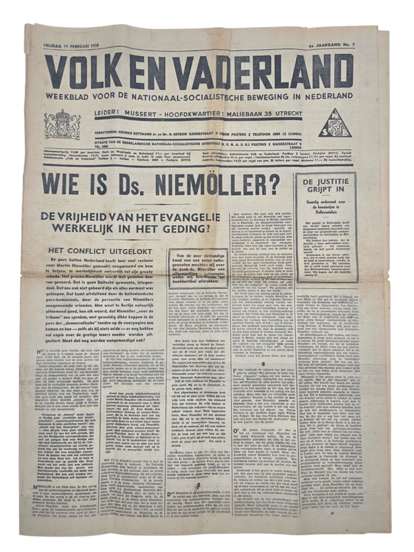 Original WW2 Dutch Collaboration NSB Newspaper - Volk en Vaderland, 6th year no. 7 (1938)