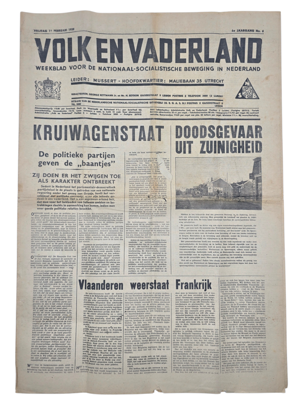 Original WW2 Dutch Collaboration NSB Newspaper - Volk en Vaderland, 6th year no. 6 (1938)