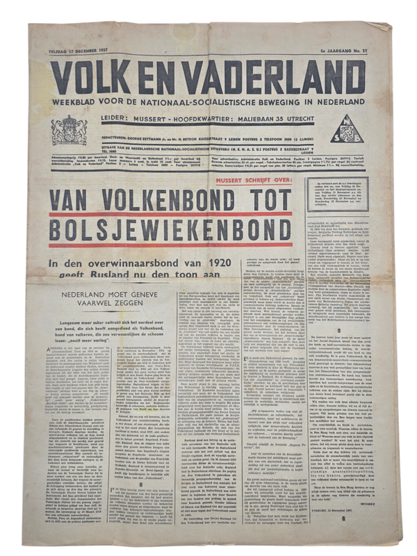 Original WW2 Dutch Collaboration NSB Newspaper - Volk en Vaderland, 5th year no. 51 (1937)