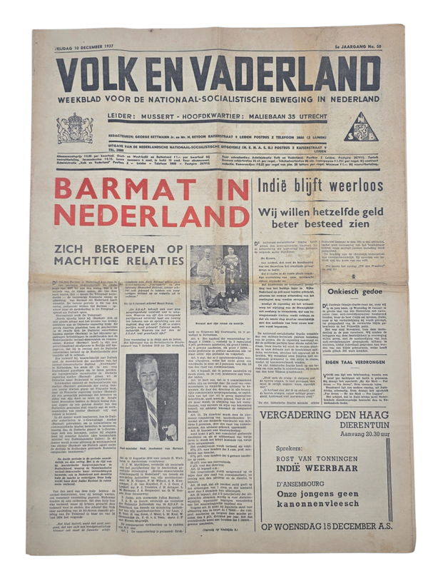 Original WW2 Dutch Collaboration NSB Newspaper - Volk en Vaderland, 5th year no. 50 (1937)