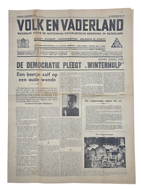 Original WW2 Dutch Collaboration NSB Newspaper - Volk en Vaderland, 5th year no. 49, Mussert (1937)