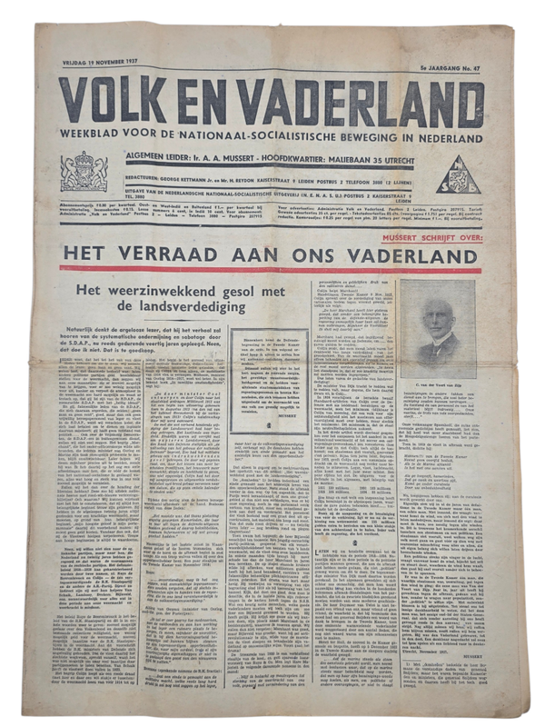 Original WW2 Dutch Collaboration NSB Newspaper - Volk en Vaderland, 5th year no. 47 (1937)