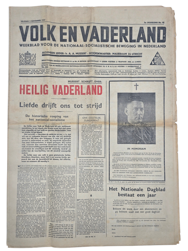 Original WW2 Dutch Collaboration NSB Newspaper - Volk en Vaderland, 5th year no. 45 (1937)