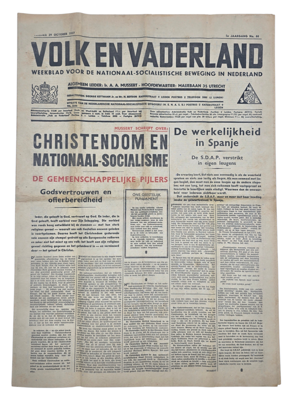Original WW2 Dutch Collaboration NSB Newspaper - Volk en Vaderland, 5th year no. 44 (1937)