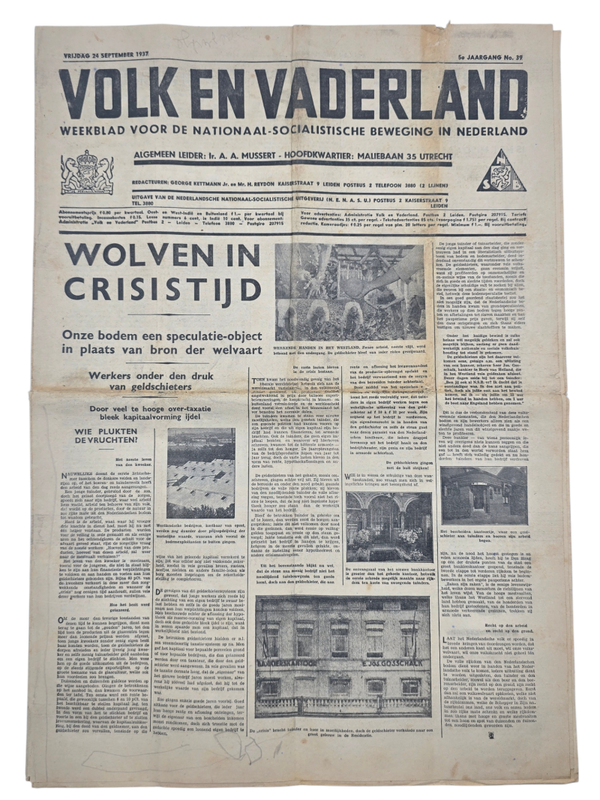 Original WW2 Dutch Collaboration NSB Newspaper - Volk en Vaderland, 5th year no. 39 (1937)