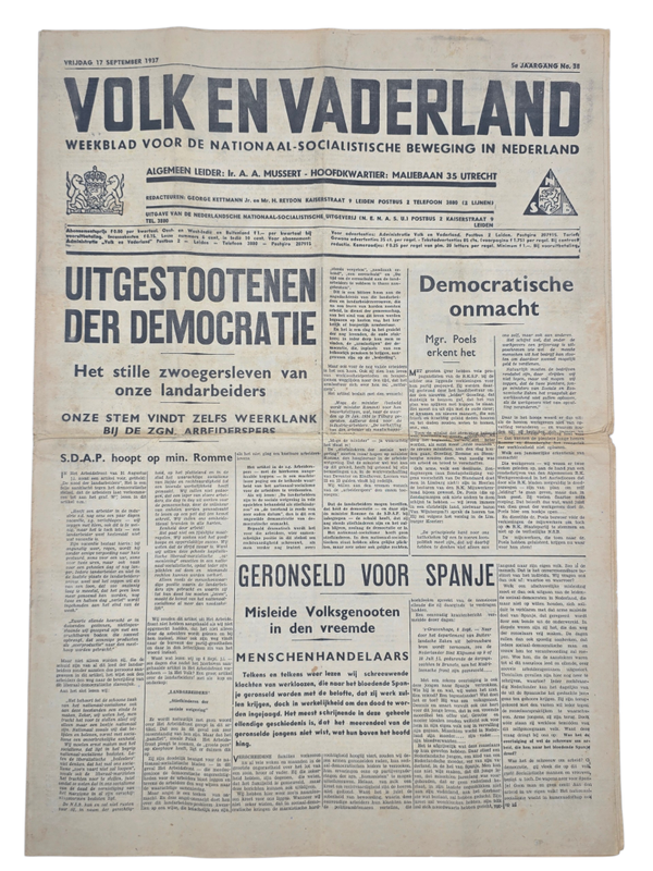 Original WW2 Dutch Collaboration NSB Newspaper - Volk en Vaderland, 5th year no. 38 (1937)