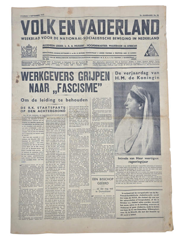 Original WW2 Dutch Collaboration NSB Newspaper - Volk en Vaderland, 5th year no. 36, Wilhelmina (1937)