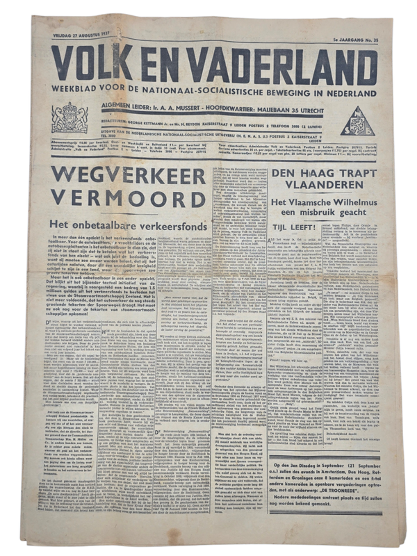 Original WW2 Dutch Collaboration NSB Newspaper - Volk en Vaderland, 5th year no. 35 (1937)