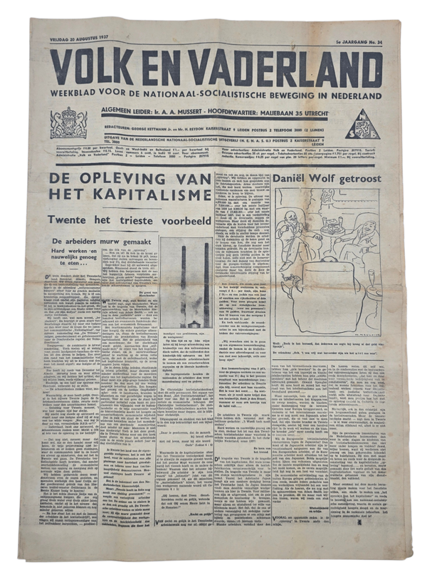 Original WW2 Dutch Collaboration NSB Newspaper - Volk en Vaderland, 5th year no. 34 (1937)
