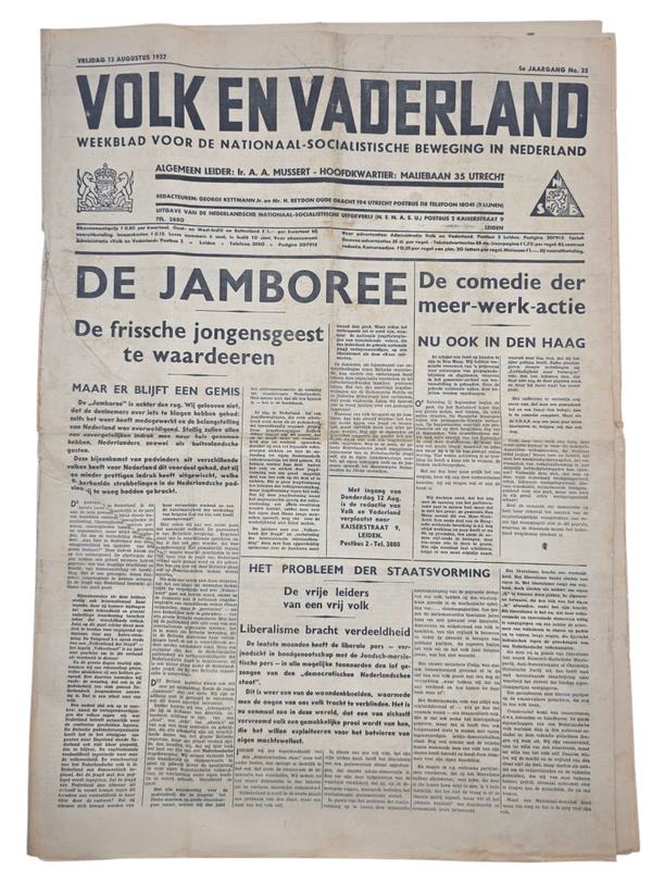 Original WW2 Dutch Collaboration NSB Newspaper - Volk en Vaderland, 5th year no. 33 (1937)