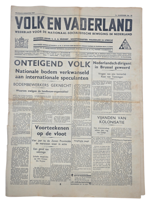 Original WW2 Dutch Collaboration NSB Newspaper - Volk en Vaderland, 5th year no. 32 (1937)