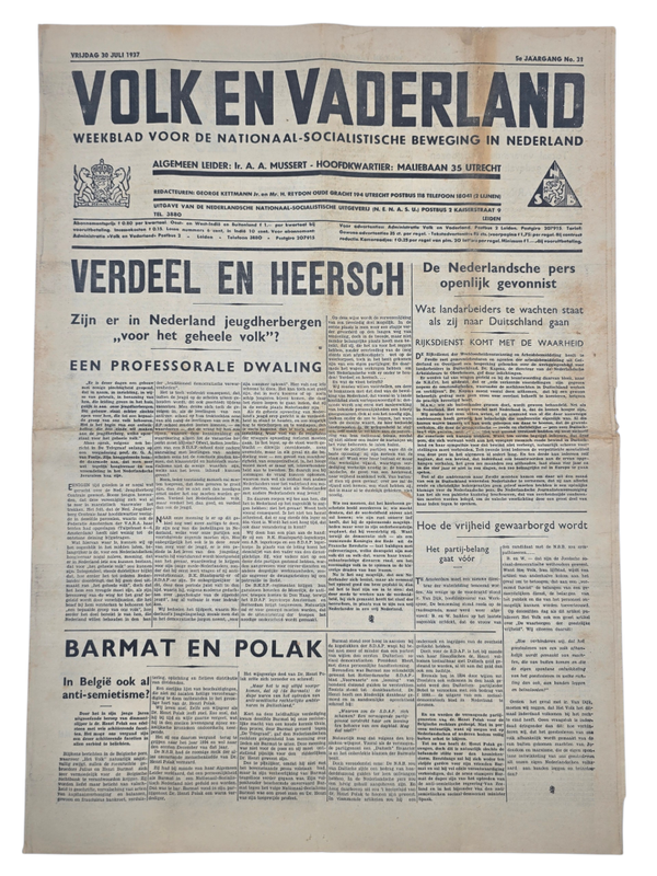 Original WW2 Dutch Collaboration NSB Newspaper - Volk en Vaderland, 5th year no. 31 (1937)