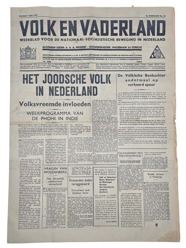 Original WW2 Dutch Collaboration NSB Newspaper - Volk en Vaderland, 5th year no. 28, Jewish people (1937)