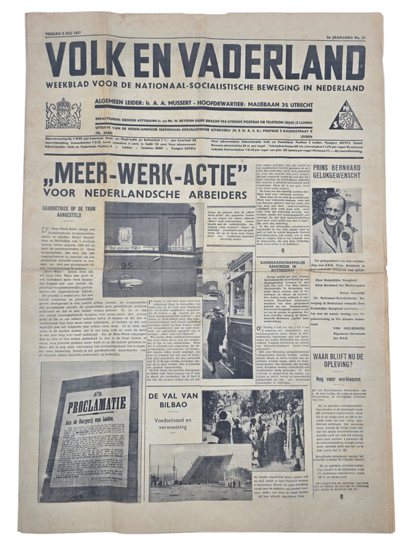 Original WW2 Dutch Collaboration NSB Newspaper - Volk en Vaderland, 5th year no. 27 (1937)