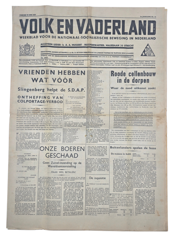 Original WW2 Dutch Collaboration NSB Newspaper - Volk en Vaderland, 5th year no. 25 (1937)