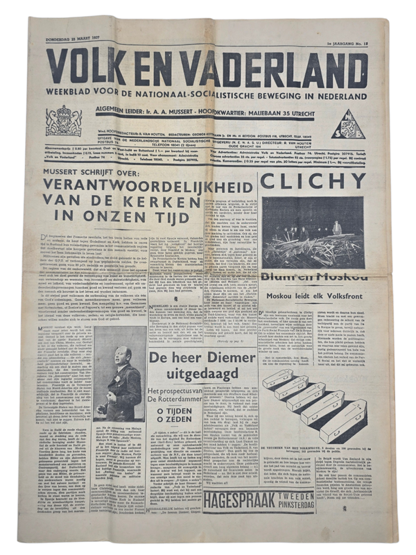Original WW2 Dutch Collaboration NSB Newspaper - Volk en Vaderland, 5th year no. 13 (1937)