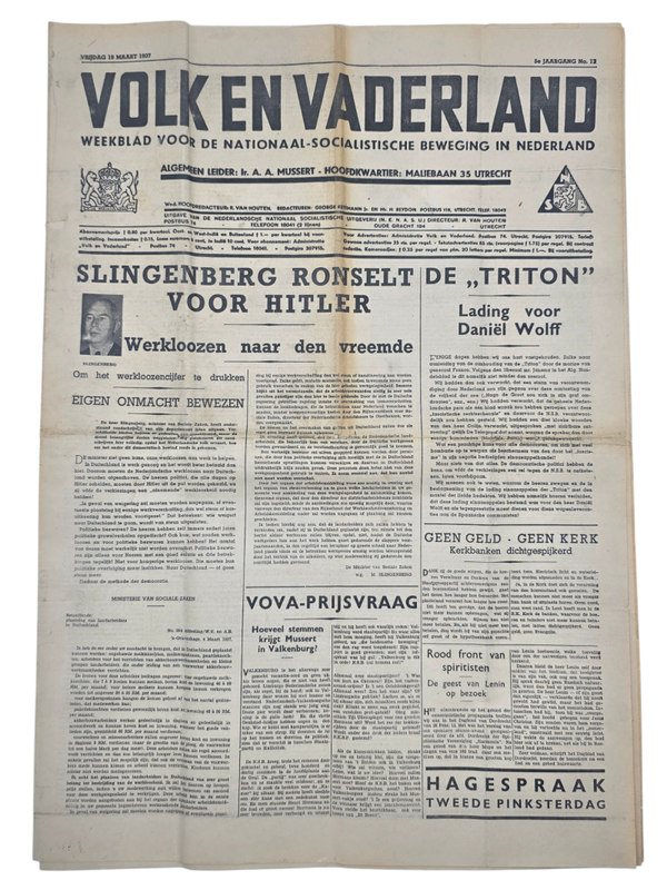Original WW2 Dutch Collaboration NSB Newspaper - Volk en Vaderland, 5th year no. 12 (1937)