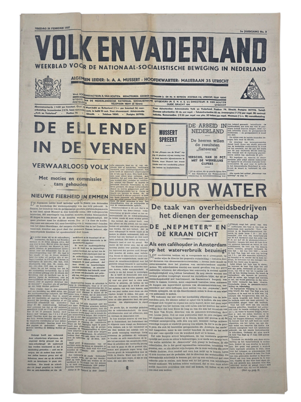 Original WW2 Dutch Collaboration NSB Newspaper - Volk en Vaderland, 5th year no. 9 (1937)