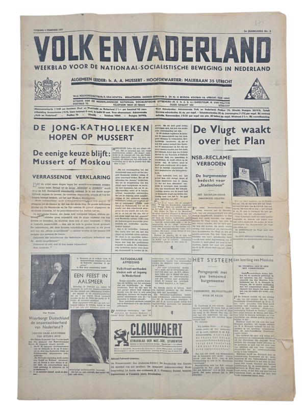 Original WW2 Dutch Collaboration NSB Newspaper - Volk en Vaderland, 5th year no. 6 (1937)