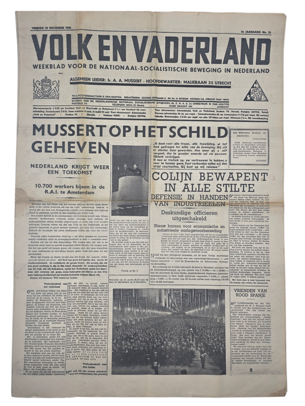 Original WW2 Dutch Collaboration NSB Newspaper - Volk en Vaderland, 4th year no. 51, RAI Amsterdam (1936)