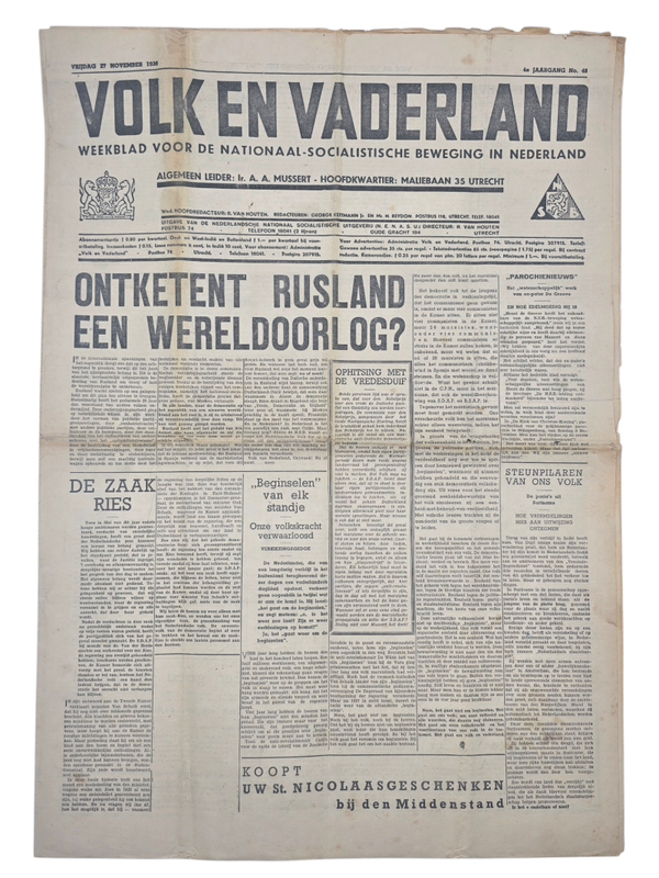 Original WW2 Dutch Collaboration NSB Newspaper - Volk en Vaderland, 4th year no. 48 (1936)
