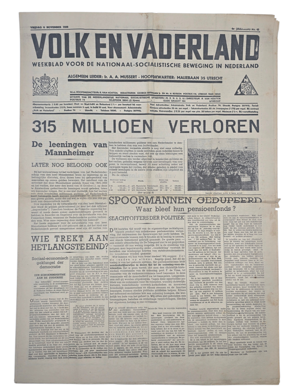 Original WW2 Dutch Collaboration NSB Newspaper - Volk en Vaderland, 4th year no. 45 (1936)