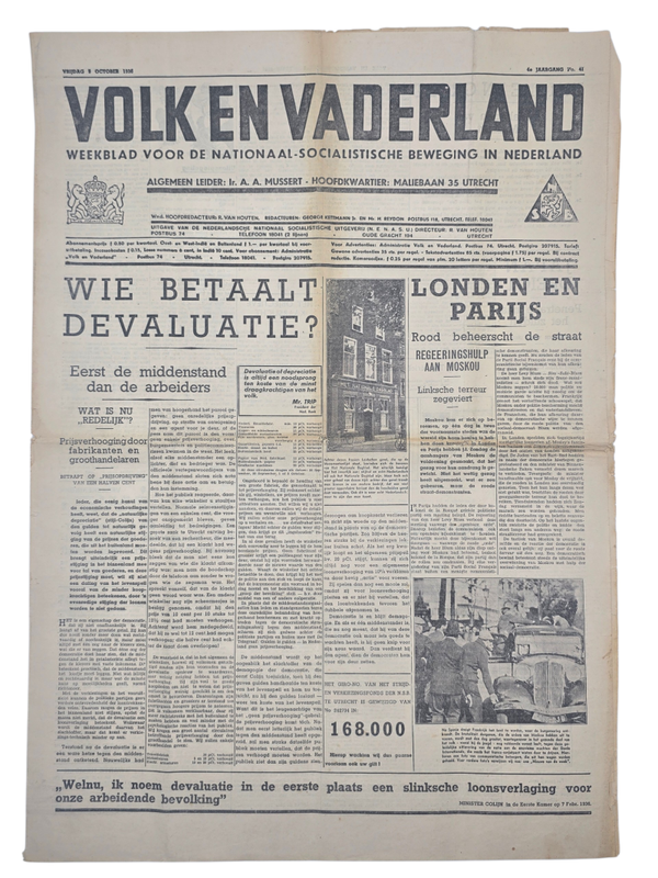 Original WW2 Dutch Collaboration NSB Newspaper - Volk en Vaderland, 4th year no. 41 (1936)
