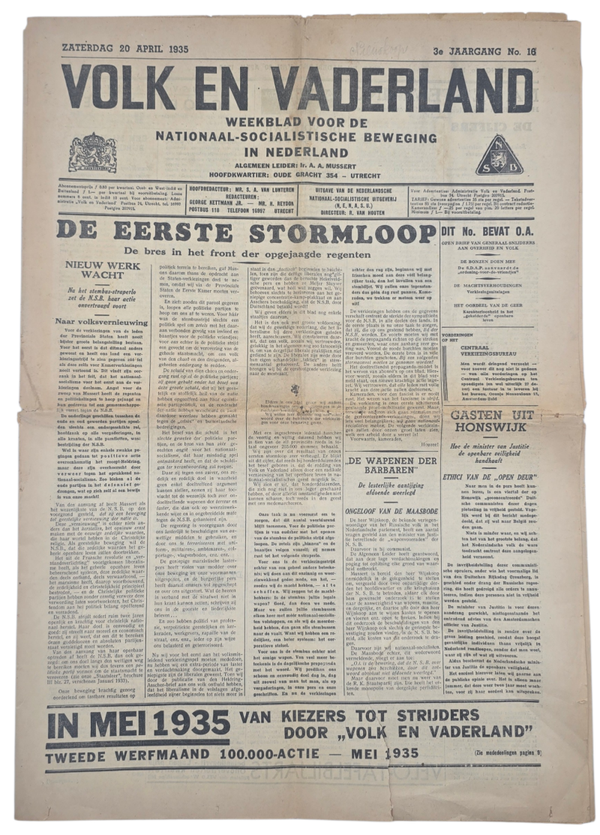 Original WW2 Dutch Collaboration NSB Newspaper - Volk en Vaderland, 3rd year no. 16 (1935)