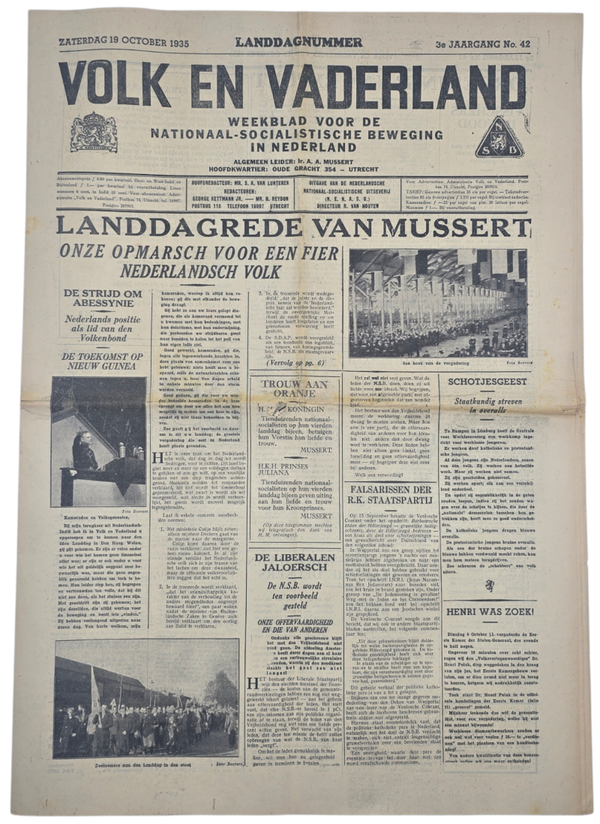 Original WW2 Dutch Collaboration NSB Newspaper - Volk en Vaderland, 3rd year no. 42, Landdagnummer (1935)