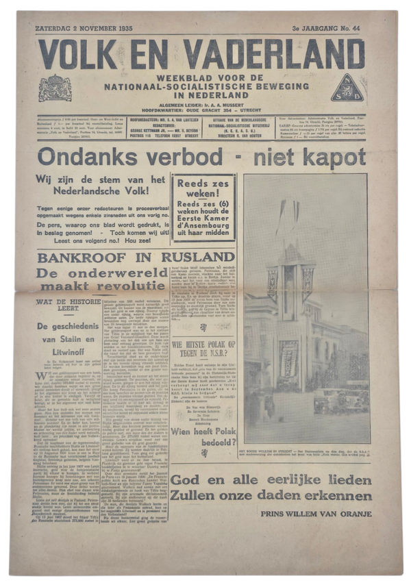 Original WW2 Dutch Collaboration NSB Newspaper - Volk en Vaderland, 3rd year no. 44, edition after seizure (1935)