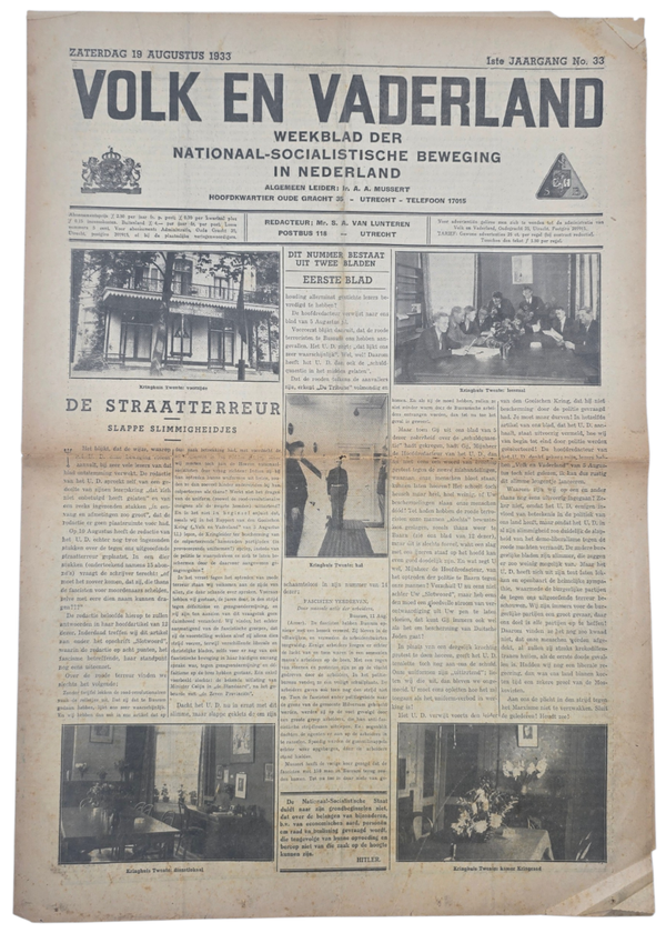 Original WW2 Dutch Collaboration NSB Newspaper - Volk en Vaderland, 1st year no. 33 (1933)