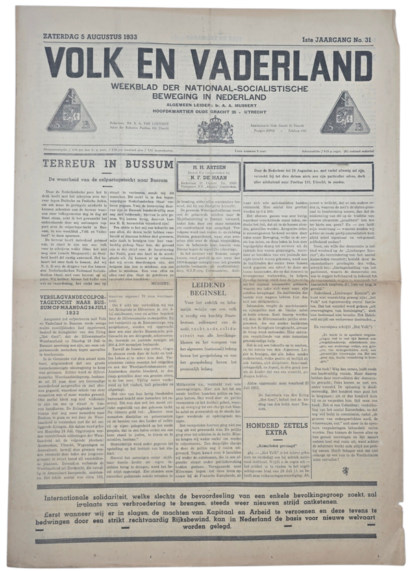 Original WW2 Dutch Collaboration NSB Newspaper - Volk en Vaderland, 1st year no. 31 (1933)