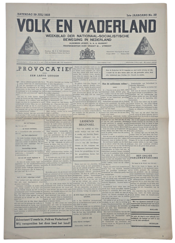 Original WW2 Dutch Collaboration NSB Newspaper - Volk en Vaderland, 1st year no. 30 (1933)