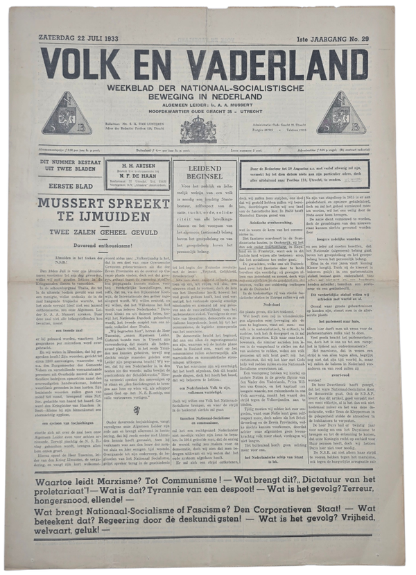 Original WW2 Dutch Collaboration NSB Newspaper - Volk en Vaderland, 1st year no. 29 (1933)