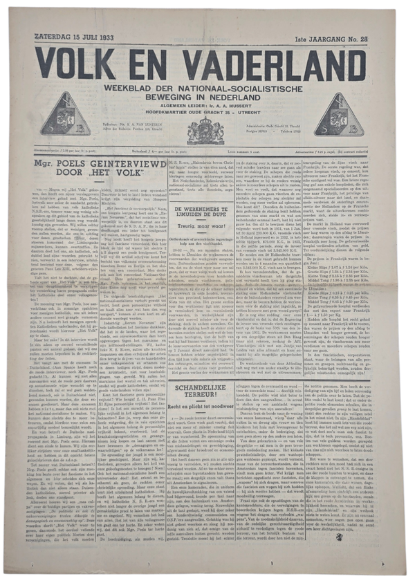 Original WW2 Dutch Collaboration NSB Newspaper - Volk en Vaderland, 1st year no. 28 (1933)