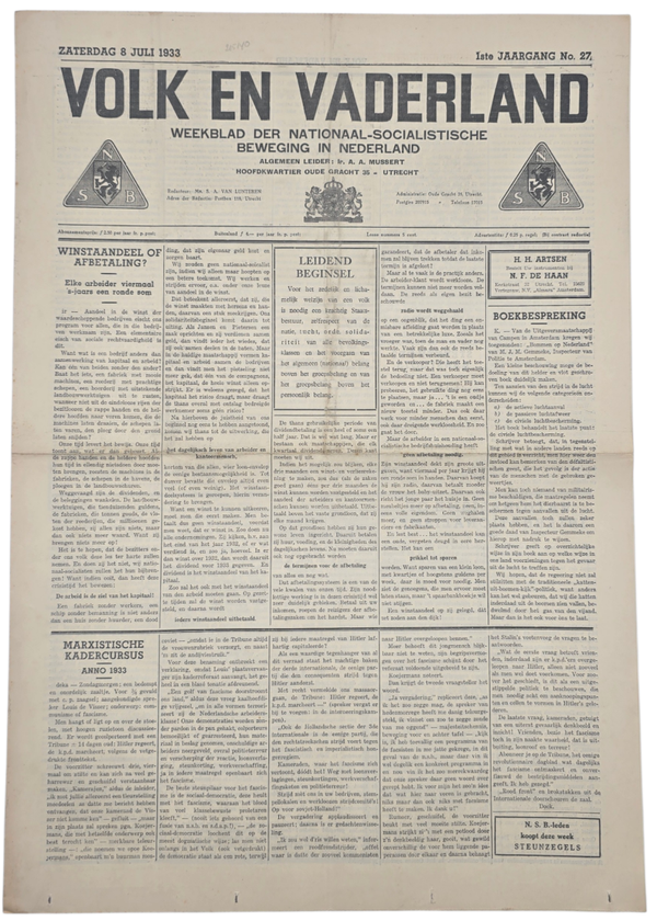 Original WW2 Dutch Collaboration NSB Newspaper - Volk en Vaderland, 1st year no. 27 (1933)