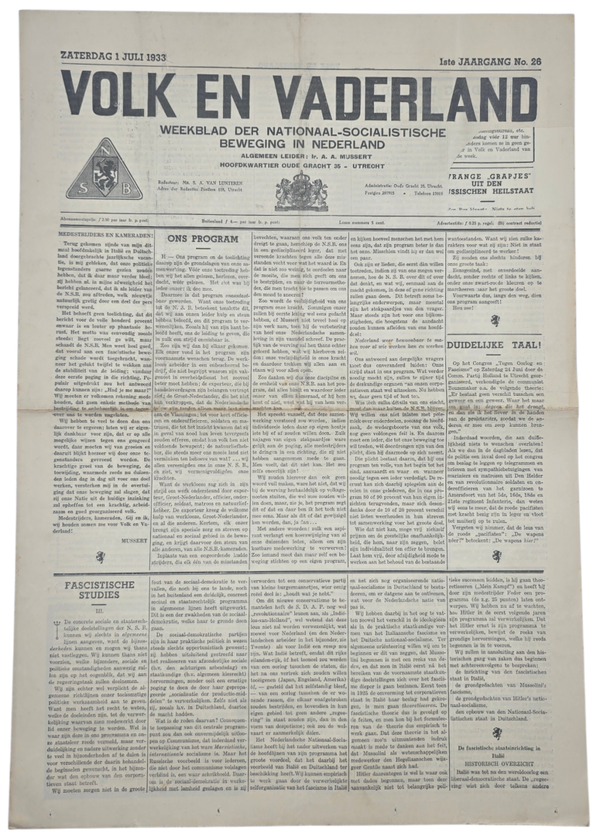 Original WW2 Dutch Collaboration NSB Newspaper - Volk en Vaderland, 1st year no. 26 (1933)
