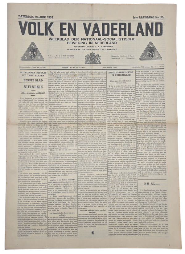 Original WW2 Dutch Collaboration NSB Newspaper - Volk en Vaderland, 1st year no. 25 (1933)