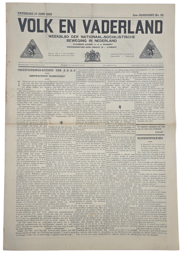 Original WW2 Dutch Collaboration NSB Newspaper - Volk en Vaderland, 1st year no. 24 (1933)