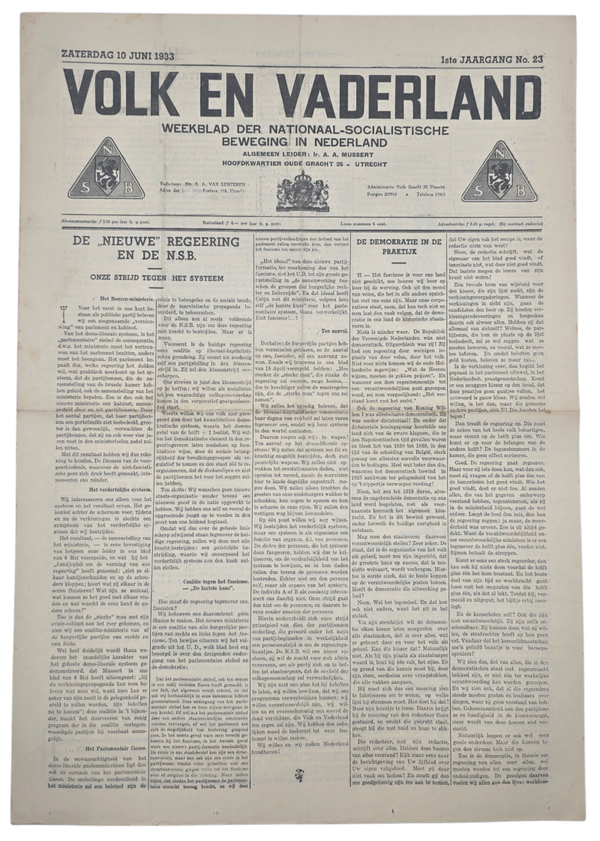 Original WW2 Dutch Collaboration NSB Newspaper - Volk en Vaderland, 1st year no. 23 (1933)