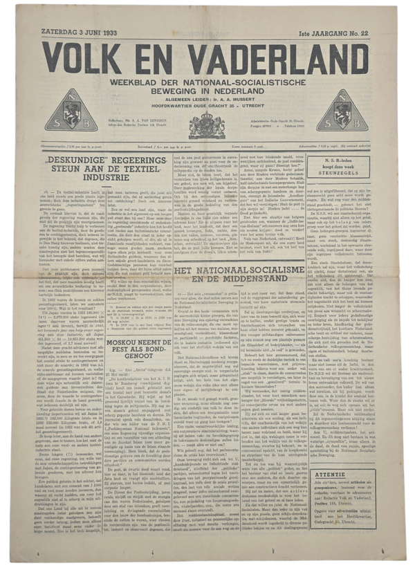 Original WW2 Dutch Collaboration NSB Newspaper - Volk en Vaderland, 1st year no. 22 (1933)