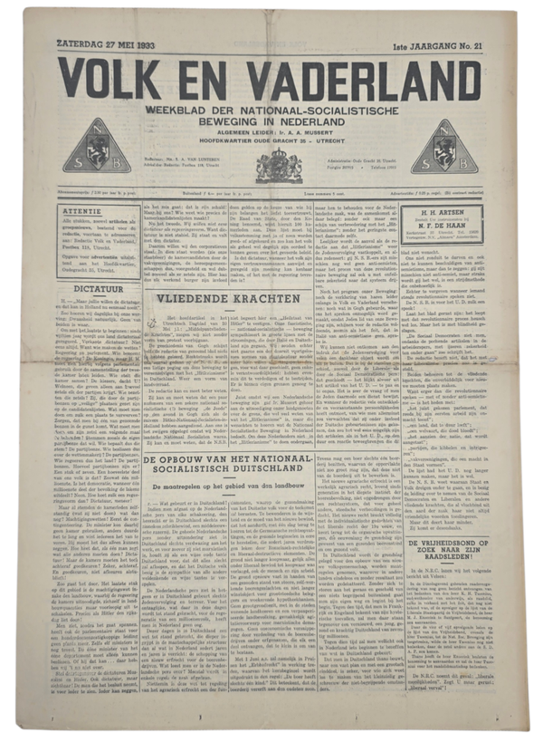 Original WW2 Dutch Collaboration NSB Newspaper - Volk en Vaderland, 1st year no. 21 (1933)