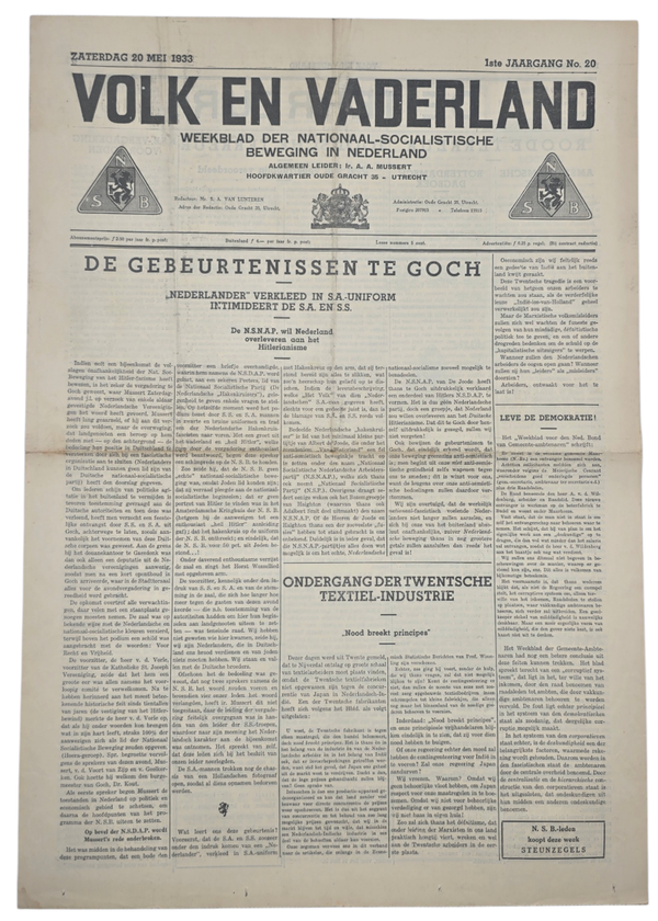 Original WW2 Dutch Collaboration NSB Newspaper - Volk en Vaderland, 1st year no. 20, NSNAP Goch (1933)