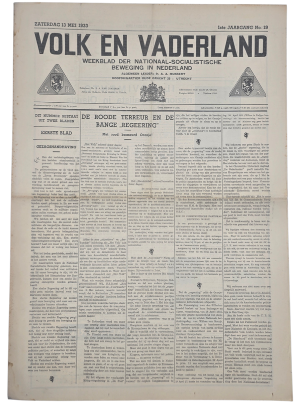 Original WW2 Dutch Collaboration NSB Newspaper - Volk en Vaderland, 1st year no. 19, Italian news (1933)